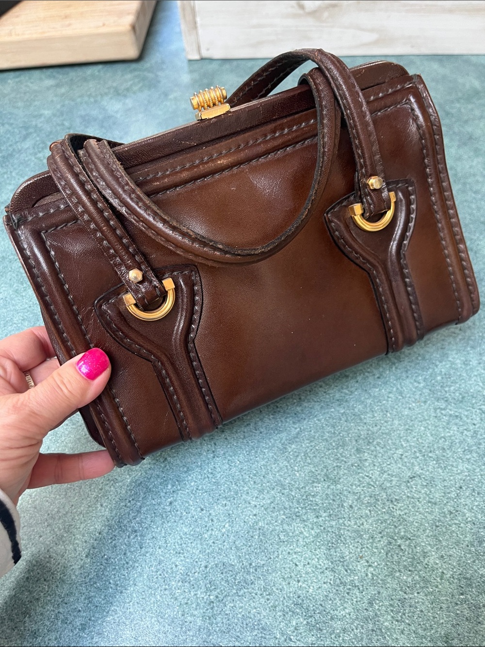 Vintage Brown Leather Top-Handle Bag with Gold Hardware